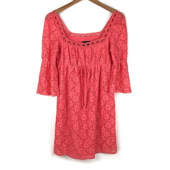Laundry Cocktail Dress Pink Eyelet Lace Knee Length Empire Peasant Boho Fall M - Picture 1 of 8